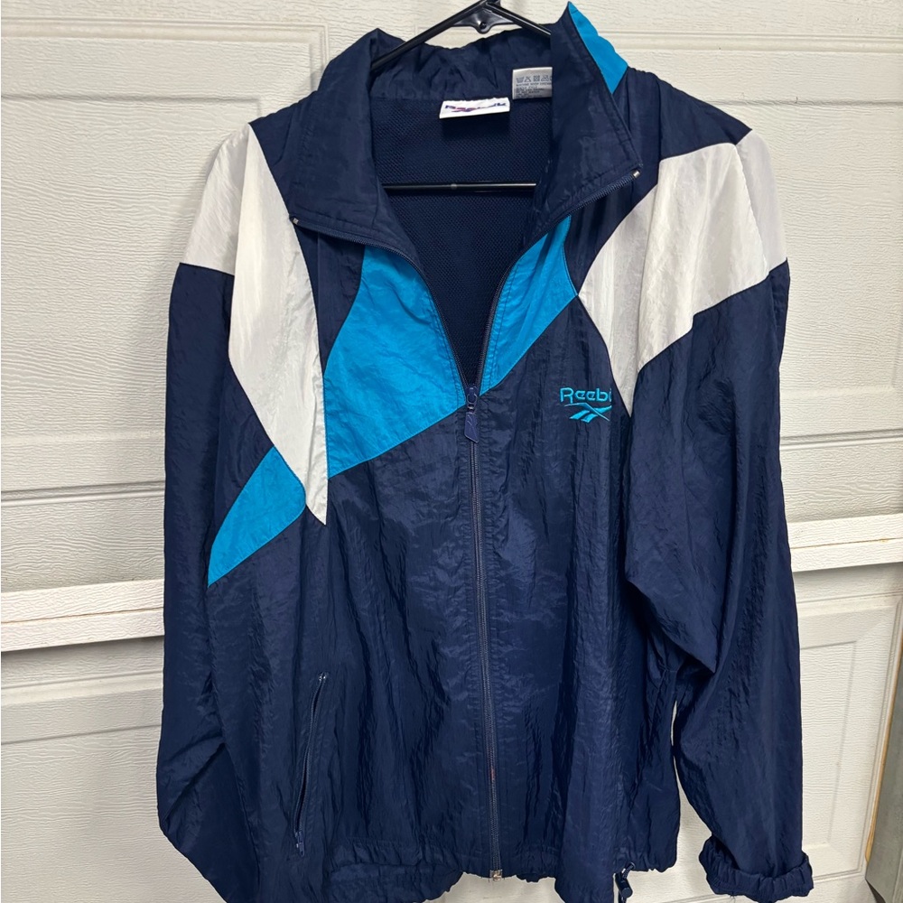 Vintage 90s Reebok Men's Navy and Aqua Windbreaker